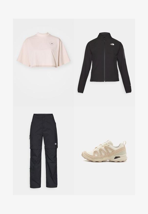 Juodas zip-up švarkas su aukšta apykakle, tekstūruotu audiniu ir logotipu kairėje krūtinės pusėje. Pasižymi ilgu rankovėmis ir prigludusia forma.; Šviesiai rožinė, trumpa medvilninė marškinėlių palaidinė su aukštu kaklu ir trumpomis, plačiomis rankovėmis. Pridedamas subtilus apvalus logotipas ant krūtinės.; Juodos nailoninės krovinių kelnės su reguliuojamais rankovėmis, daugybe kišenių ir logo ant dešinės kojos. Lygi, lengva tekstūra.; Bežinės ir kreminės spalvos sportinės bateliai su tekstūruoto tinklelio viršutine dalimi, palaikančiomis detalėmis ir guminiais padais, turinčiais raštą, užtikrinantį sukibimą.