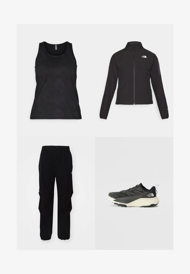 Svart zip-up jakke med høy krage, teksturert stoff, og logo på venstre bryst. Har lange ermer og en tettsittende design.; Svart tanktopp med bølgete mønster. Laget av en elastisk stoff, har den rund hals og brede skulderstropper.; Sorte utendørsbukser laget av slitesterkt materiale, med en avslappet passform, elastisk midjebånd og stramme mansjetter for justerbar lengde.; Svart treningssko med teksturert overdel, med grå detaljer og hvit såle. Har en pull tab og fremtredende merkevarelogo på hælen.