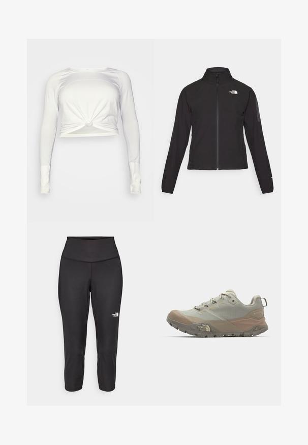 Chaqueta negra con cremallera y cuello alto, de tela texturizada, y logo en el lado izquierdo del pecho. Con mangas largas y un diseño ajustado.; lululemon SWIFTLY TECH LONG SLEEVE - Camiseta de manga larga - white/white; Leggings capri negros hechos de una tela elástica, con una cintura alta y un pequeño logo blanco en el lado izquierdo. Textura suave.; Zapatilla deportiva de color gris claro con acentos en beige, fabricada en material sintético. Presenta una suela resistente, diseño de cordones y una marca en el lateral.