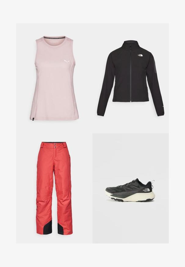 Black zip-up jacket with a high collar, textured fabric, and logo on the left chest. Features long sleeves and a fitted design.; Pink sleeveless athletic top made of soft fabric, featuring a subtle logo and reinforced stitching along the edges.; Red snow pants with a smooth texture, wide leg design, and black accents at the cuffs. Fastened with two buttons at the waist.; Black athletic shoe with a textured upper, featuring gray accents and a white midsole. Includes a pull tab and prominent brand logo on the heel.