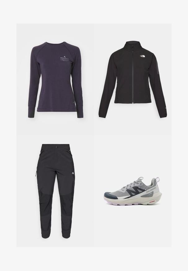 Black zip-up jacket with a high collar, textured fabric, and logo on the left chest. Features long sleeves and a fitted design.; Klättermusen FAFNE CREW - Long sleeved top - grape; Black outdoor pants made of durable fabric. Feature zippered pockets, reinforced knee panels, and a straight cut design for mobility.; Salomon running shoe in gray and navy features a breathable mesh upper, rubber toe cap, and textured sole with lavender accents.