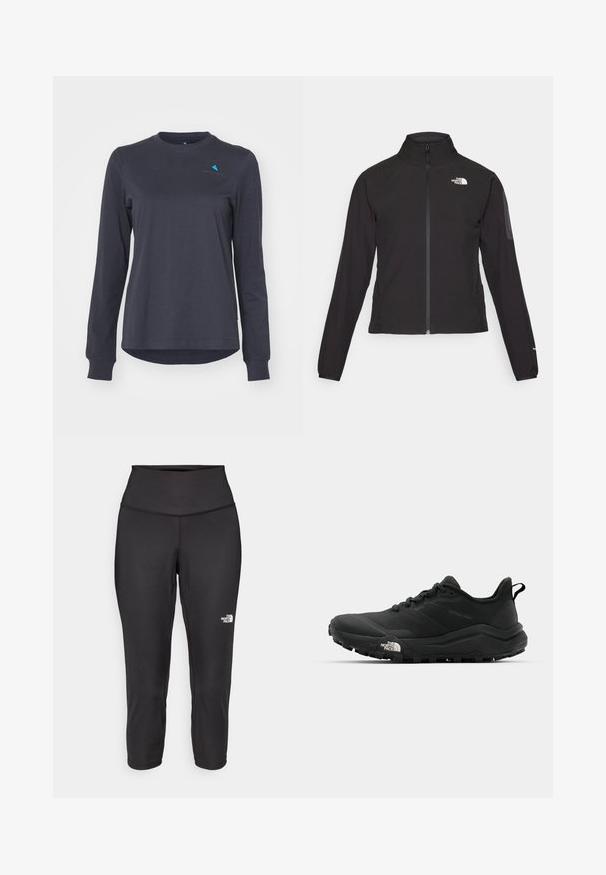 Zwarte zip-up jas met een hoge kraag, textuurstof en een logo op de linker borst. Beschikt over lange mouwen en een slim fit ontwerp.; Donkergrijze longsleeve shirt van zacht materiaal, met een ronde hals, geribbelde mouwen en een klein blauw logo accent op de borst.; Zwarte capri-legging gemaakt van rekbare stof, met een hoge tailleband en een klein wit logo aan de linkerkant. Glad textuur.; The North Face OFFTRAIL VERSA - Outdoorschoenen - tnf black/tnf white