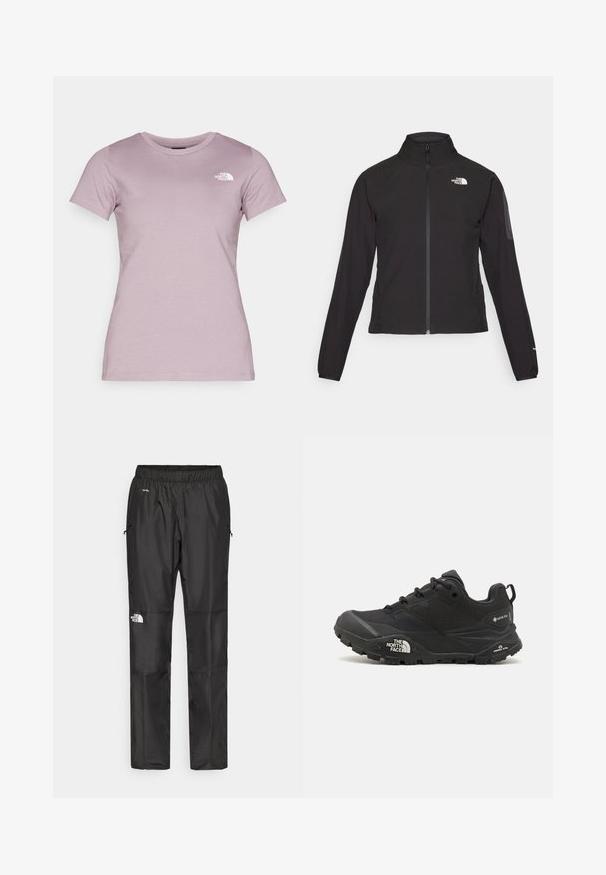 Zwarte zip-up jas met een hoge kraag, textuurstof en een logo op de linker borst. Beschikt over lange mouwen en een slim fit ontwerp.; The North Face W SS SD SLIM TEE - T-shirt basic - purple chalk; Zwarte waterdichte broek van lichtgewicht stof, uitgerust met een elastische tailleband, zijzakken en een logo op het linkerpijp.; Zwarte wandelschoen met een gestructureerde bovenkant, vetersluiting en een stevige rubberen zool met een opvallend logo aan de zijkant en profielpatronen.