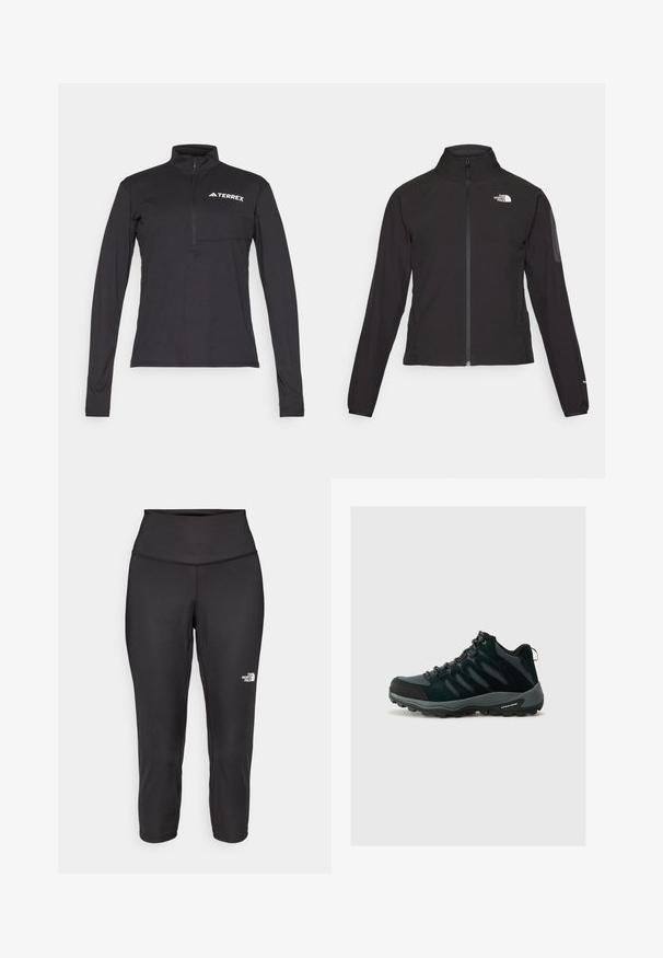 Čierna bunda na zips s vysokým golierom, textúrovanou tkaninou a logom na ľavej hrudi. Má dlhé rukávy a priliehavý strih.; Čierny pulóver s dlhým rukávom a štvrťovým zipsom, s prednou vreckom a bielym logom "TERREX" na hrudi. Hladká, ľahká tkanina.; Čierne capri legíny vyrobené z elastickej tkaniny, s vysokým pásom a malým bielym logom na ľavej strane. Hladká textúra.; Columbia REDMOND - Turistické topánky - black/citron haze