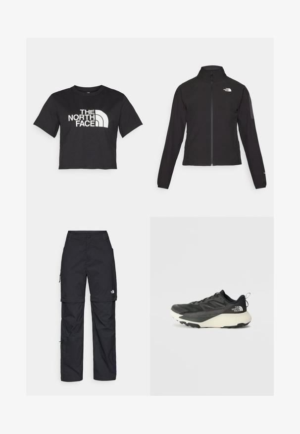 Casaco preto com fecho zip e gola alta, em tecido texturizado, com logo no lado esquerdo do peito. Apresenta mangas longas e um design ajustado.; T-shirt cropped preta feita de algodão, com um logotipo branco com acentos curvos e o texto "THE NORTH FACE" na parte da frente. Mangas curtas, gola redonda.; Calças cargo pretas em nylon com fechos de correr removíveis, punhos ajustáveis, múltiplos bolsos e um logótipo na perna direita. Textura suave e leve.; Shoe atlético preto com um cabedal texturizado, apresentando detalhes em cinza e uma entressola branca. Inclui uma alça e um logótipo da marca em destaque no calcanhar.