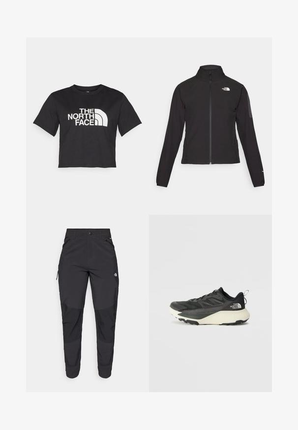 Mustmustabiga must jakk, millel on kõrge krae, tekstureeritud kangas ja logo vasakul rinnal. Omab pikki varrukaid ja sobivat disaini.; Must must kleidend t-särk, millel on valge logo ja kõverad aktsendid, esiküljel tekst "THE NORTH FACE". Lühikesed varrukad, ümar kaelus.; Must black välitingimustes püksid, mis on valmistatud vastupidavast kangast. Omavad lukugaTaskuid, tugevdatud põlvepaneele ja sirget lõiget liikuvuse tagamiseks.; Musty mustusjalats musta pealisega, millel on tekstuur, hallid aktsendid ja valge vaheosa. Sisaldab tõmbeosa ning silmapaistvat brändi logo kandadel.
