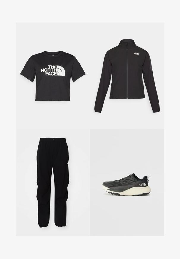 Melna ar rāvējslēdzēju aizdara jaka ar augstu apkakli, teksturētu audumu un logotipu kreisajā krūtī. Satur garas piedurknes un pieguļošu dizainu.; Melnā īsā t-kreklā no kokvilnas, ar baltu logo un izliektiem akcentiem, uz kura ir uzraksts "THE NORTH FACE" priekšpusē. Īsas piedurknes, apaļa izgriezuma kakla daļa.; Melnas āra bikses, kas izgatavotas no izturīga materiāla, ar brīvu piegriezumu, elastīgu jostu un savilktiem rāvējslēdzējiem, lai pielāgotu garumu.; Melna sporta kurpe ar teksturētu augšdaļu, kurai ir pelēki akcenti un balts vidusdaļa. Ietver vilkšanas cilpu un izteiktu zīmola logo uz papēža.