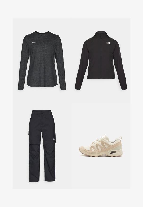 Melna ar rāvējslēdzēju aizdara jaka ar augstu apkakli, teksturētu audumu un logotipu kreisajā krūtī. Satur garas piedurknes un pieguļošu dizainu.; Garums piedurknes melns krekls, izgatavots no teksturēta auduma, ar apaļu kakla izgriezumu un baltu "MAMMUT" logotipu augšējā kreisajā pusē.; Melni nailona bikses ar noņemamām kājām, regulējamiem uzmavām, vairākām kabatām un logotipu uz labās kājas. Gluda, viegla tekstūra.; Beige un krēma sporta apavi ar strukturētu tīkla virsmu, atbalstošajiem slāņiem un gumijas zoli ar protektoru rakstu, kas nodrošina saķeri.