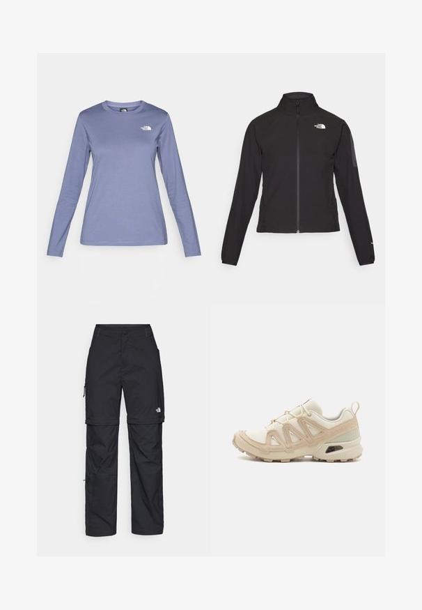 Svart zip-up jakke med høy krage, teksturert stoff, og logo på venstre bryst. Har lange ermer og en tettsittende design.; Langermet skjorte i lys lilla stoff, med rund hals og The North Face-logo i hvitt på venstre bryst. Glatt tekstur, uformell passform.; Svarte nylon cargo-bukser med glidelås og justerbare mansjetter, flere lommer og en logo på høyre bein. Glatt, lett tekstur.; Beige og krem joggesko med teksturert mesh-overdel, støttende overlegg og gummisåle med et mønster for godt grep.