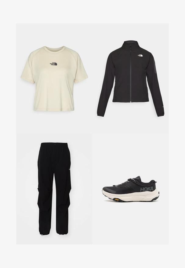 Mustat vetoketjullinen takki, jossa on korkea kaulus, teksturoitu kangas ja logo vasemmassa rinnassa. Ominaisuuksiin kuuluvat pitkät hihat ja slim fit -muotoilu.; Kermavaalean lyhythihainen t-paita, jossa on pyöreä kaula-aukko ja raglan-hihat. Etupuolella on musta brodeerattu logo ylärinnassa.; Mustat ulkoiluhousut, jotka on valmistettu kestävästä materiaalista. Niissä on rento istuvuus, joustava vyötärö sekä kiristettävät hihnat, jotka mahdollistavat säädettävän pituuden.; Musta urheilujalkine, jossa on hengittävä verkkomateriaali, kumipohja, valkoinen vaimennusrakenne ja heijastavat nauhat. Vibram-logo pohjassa.