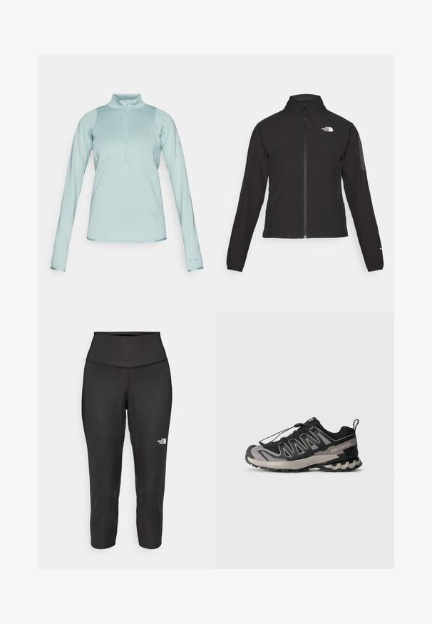 Crna jakna na zip s visokim ovratnikom, teksturirana tkanina i logotip na lijevoj strani prsiju. Ima duge rukave i uski kroj.; Svijetloplavi dugosleeve pulover s polu-zip zatvaračem sprijeda, teksturirana tkanina, glatki detalji i "Columbia" logo na prsima i rukavu.; Crne capri tajice izrađene od rastezljivog materijala, s visokim strukom i malim bijelim logotipom s lijeve strane. Glatka tekstura.; Crno-siva atletska cipela s mrežastim gornjim dijelom, gumenim potplatom i elastičnim sistemom vezanja. Ima pojačani vrh i strukturirane detalje.