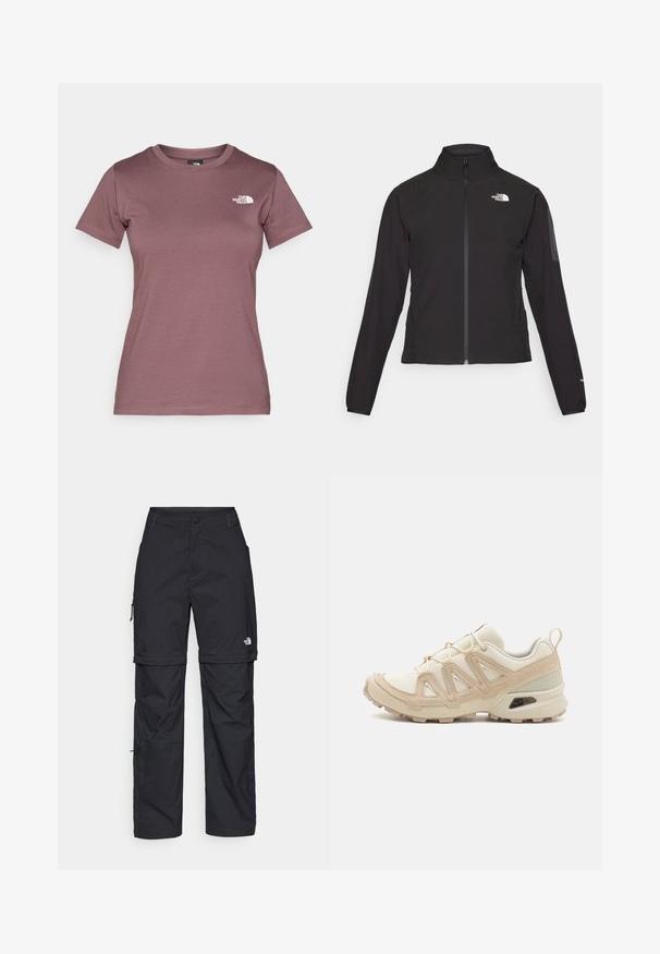 Mustmustabiga must jakk, millel on kõrge krae, tekstureeritud kangas ja logo vasakul rinnal. Omab pikki varrukaid ja sobivat disaini.; Lühikeste varrukatega, ringkaelusega t-särk vaigistatud mauve värvitoonis, valmistatud pehmest kangast, millel on vasakul rindkeres väike valge logo. Sile tekstuur.; Mustad nailonist valmistatud eemaldatavad cargo-püksid, reguleeritavate pahkluudega, mitmete taskutega ja paremal jalal logoga. Sile, kerge tekstuur.; Beež ja koobalti spordijalats tekstureeritud võrkkattega, toetavad ülemised kihid ja kummist tallaga, millel on mustriga joonistus haardeks.