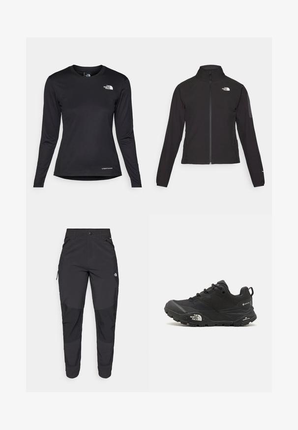 Schwarze Zip-Jacke mit hohem Kragen, strukturiertem Stoff und Logo auf der linken Brust. Verfügt über lange Ärmel und eine taillierte Passform.; The North Face SHADOW LONG SLEEVE - Langarmshirt - black; Schwarze Outdoor-Hosen aus strapazierfähigem Material. Verfügen über Reißverschlusstaschen, verstärkte Knieeinsätze und ein gerades Design für Beweglichkeit.; Schwarzer Wanderschuh mit einer strukturierten Oberfläche, Schnürverschluss und einer massiven Gummisohle, die auf der Seite ein ausgeprägtes Logo sowie Profilmuster zeigt.