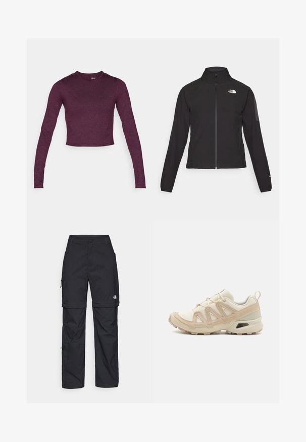 Fekete, cipzáros dzseki magas gallérral, texturált anyagból, bal mellen logóval. Hosszú ujjak és testhezálló fazon jellemzi.; Hosszú ujjas, rövidített póló sötétlila színben, puha, enyhén struktúrált anyagból, kerek nyakkivágással és látható minták vagy díszítések nélkül.; Fekete nylon zipzáras cargo nadrág állítható mandzsettával, több zsebbel és logóval a jobb lábon. Simább, könnyű textúra.; Beige és krém színű sportcipő, texturált hálós felsőrésszel, támogató burkolattal és gumitalppal, amely tapadás érdekében bordázott mintázattal rendelkezik.