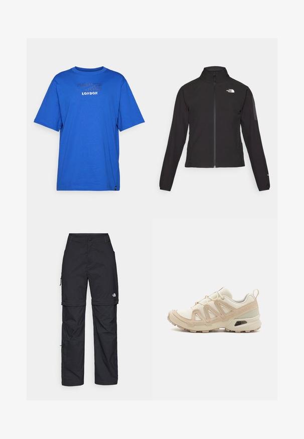 Melna ar rāvējslēdzēju aizdara jaka ar augstu apkakli, teksturētu audumu un logotipu kreisajā krūtī. Satur garas piedurknes un pieguļošu dizainu.; Zils kokvilnas T-krekls ar apaļu kaklu, īsām piedurknēm un teksturētu druku ar vārdu "LONDON" priekšpusē. Bez rakstiem vai akcentiem.; Melni nailona bikses ar noņemamām kājām, regulējamiem uzmavām, vairākām kabatām un logotipu uz labās kājas. Gluda, viegla tekstūra.; Beige un krēma sporta apavi ar strukturētu tīkla virsmu, atbalstošajiem slāņiem un gumijas zoli ar protektoru rakstu, kas nodrošina saķeri.