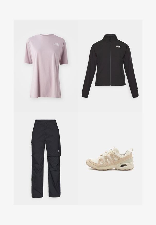 Črna zip-up jakna z visokim ovratnikom, teksturirano blago in logotipom na levem prsnem delu. Ima dolge rokave in prilega se.; Svetlo vijolična majica s kratkimi rokavi, narejena iz mehkega blaga, z belim logotipom na zgornjem levem prsnem delu in sproščenim krojem.; Črne najlon hlače z zipom, ki se lahko odstranijo, s prilagodljivimi manšetami, več žepi in logotipom na desni nogi. Gladka, lahka tekstura.; Bež in krem športni čevlji z teksturiranim mrežastim zgornjim delom, podpornimi prekrivali in gumijastim podplatom z vzorcem za oprijem.