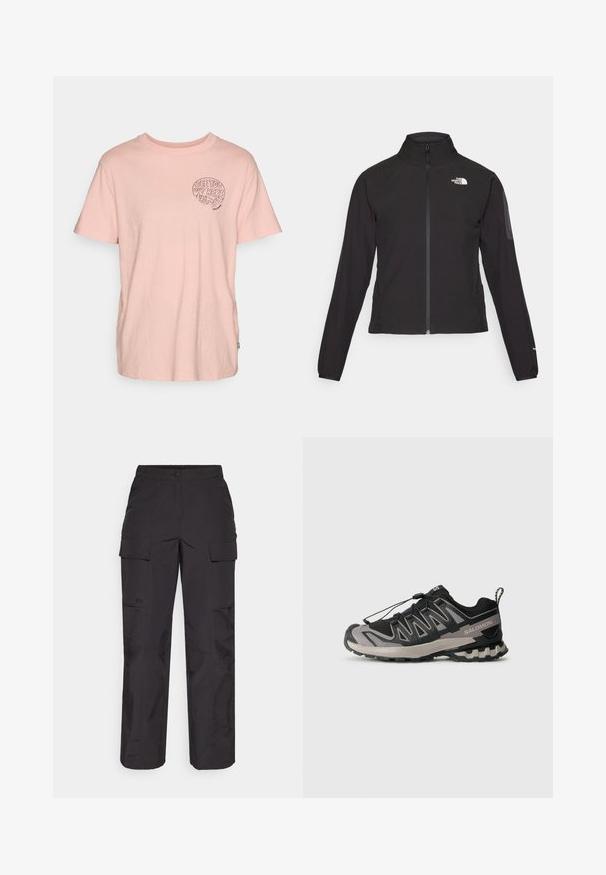 Sort zip-jacket med høj krave, struktureret stof og logo på venstre bryst. Har lange ærmer og en tætsiddende design.; Lyserød bomulds T-shirt med korte ærmer, rund halsudskæring og et sort grafisk motiv med teksten "SEE YOU OUT HERE" på venstre brystområde.; Sorte cargo bukser lavet af holdbart stof, med flere sidelommer, en knaplukning og en løs pasform med lige ben.; Sort og grå atletiksko med overdel i mesh, gummisål og elastisk snøresystem. Har forstærket tå og teksturerede detaljer.