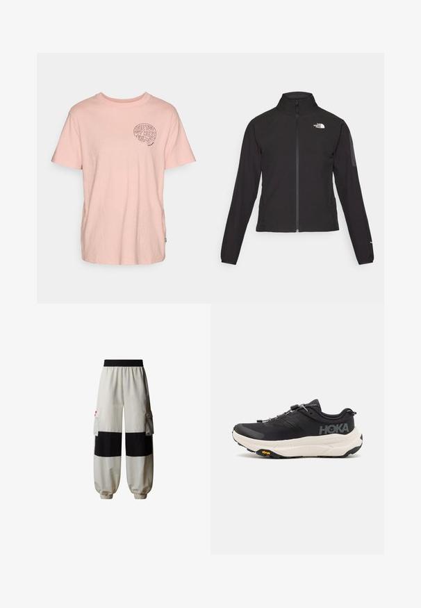 Sort zip-jacket med høj krave, struktureret stof og logo på venstre bryst. Har lange ærmer og en tætsiddende design.; Lyserød bomulds T-shirt med korte ærmer, rund halsudskæring og et sort grafisk motiv med teksten "SEE YOU OUT HERE" på venstre brystområde.; The North Face HIMALAYAN - Cargobukser - white dune tnf black; Sorte løbesko med et åndbart mesh-overdel, gummisåler, hvid dæmpningsmellemsål og reflekterende snørebånd. Vibram-logo på sålen.
