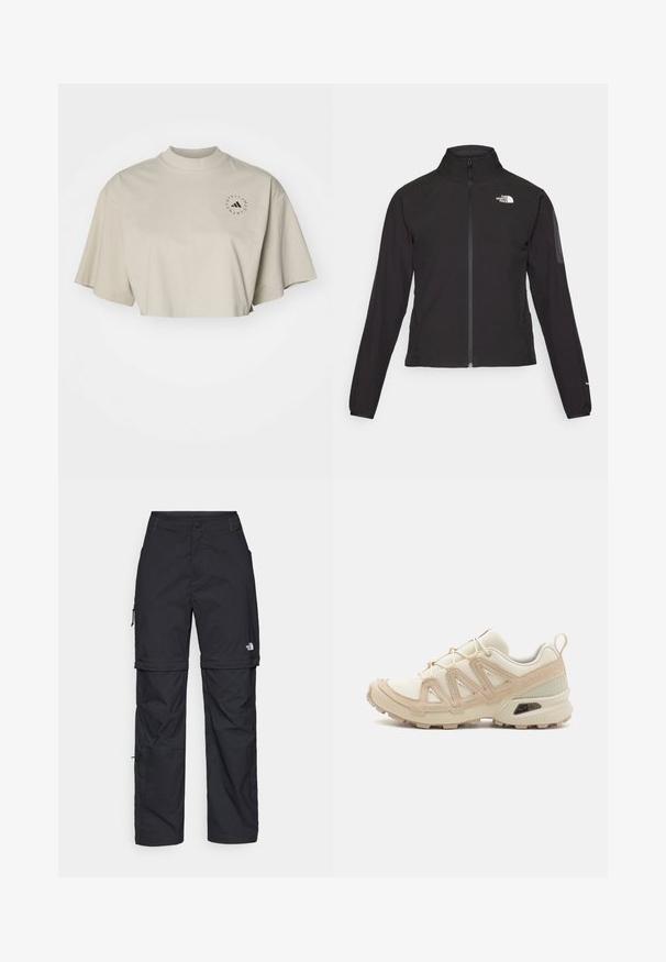 Mustmustabiga must jakk, millel on kõrge krae, tekstureeritud kangas ja logo vasakul rinnal. Omab pikki varrukaid ja sobivat disaini.; Küljelt lõigatud, lühikeste varrukatega t-särk heledast beežist puuvillast. Omab kõrget kaelust ja musta ringikujulist logo vasakul rinnapiirkonnas.; Mustad nailonist valmistatud eemaldatavad cargo-püksid, reguleeritavate pahkluudega, mitmete taskutega ja paremal jalal logoga. Sile, kerge tekstuur.; Beež ja koobalti spordijalats tekstureeritud võrkkattega, toetavad ülemised kihid ja kummist tallaga, millel on mustriga joonistus haardeks.