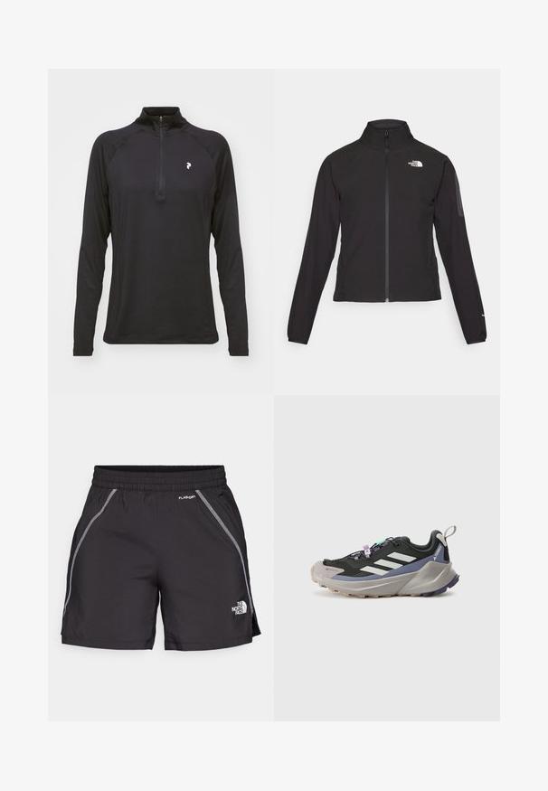 Schwarze Zip-Jacke mit hohem Kragen, strukturiertem Stoff und Logo auf der linken Brust. Verfügt über lange Ärmel und eine taillierte Passform.; Schwarzes Langarm-Top mit Viertel-Reißverschluss, glatter Textur und figurbetontem Design. Verfügt über Raglanärmel und ein kleines weißes Logo auf der Brust.; Schwarze Sportshorts aus leichtem Material verfügen über einen elastischen Bund, reflektierende Details und das Logo "The North Face" an der linken Seite.; Schwarzer Sportschuh mit Gore-Tex-Obermaterial, weißen Streifen, lila Akzenten, dicker grauer Zwischensohle und strukturiertem grauen Außensohle für besseren Halt.