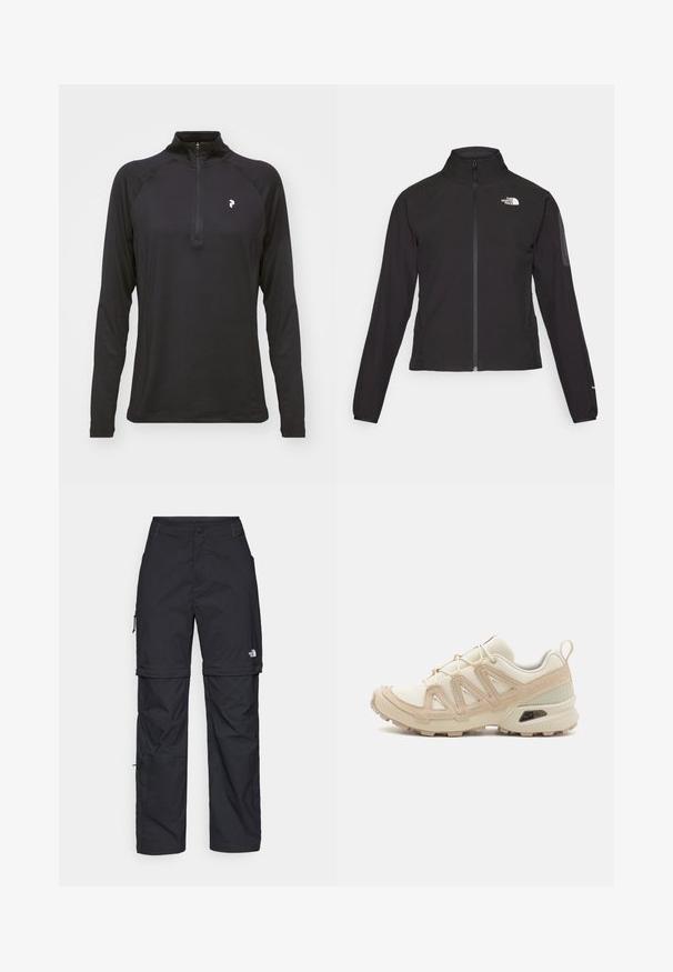 Schwarze Zip-Jacke mit hohem Kragen, strukturiertem Stoff und Logo auf der linken Brust. Verfügt über lange Ärmel und eine taillierte Passform.; Schwarzes Langarm-Top mit Viertel-Reißverschluss, glatter Textur und figurbetontem Design. Verfügt über Raglanärmel und ein kleines weißes Logo auf der Brust.; Schwarze Nylon-Zip-Off-Cargohosen mit verstellbaren Bündchen, mehreren Taschen und einem Logo am rechten Bein. Glatte, leichte Textur.; Beige und cremefarbenen Sportschuh mit strukturiertem Mesh-Obermaterial, unterstützenden Überzügen und Gummisohle mit einem Profilmuster für Bodenhaftung.