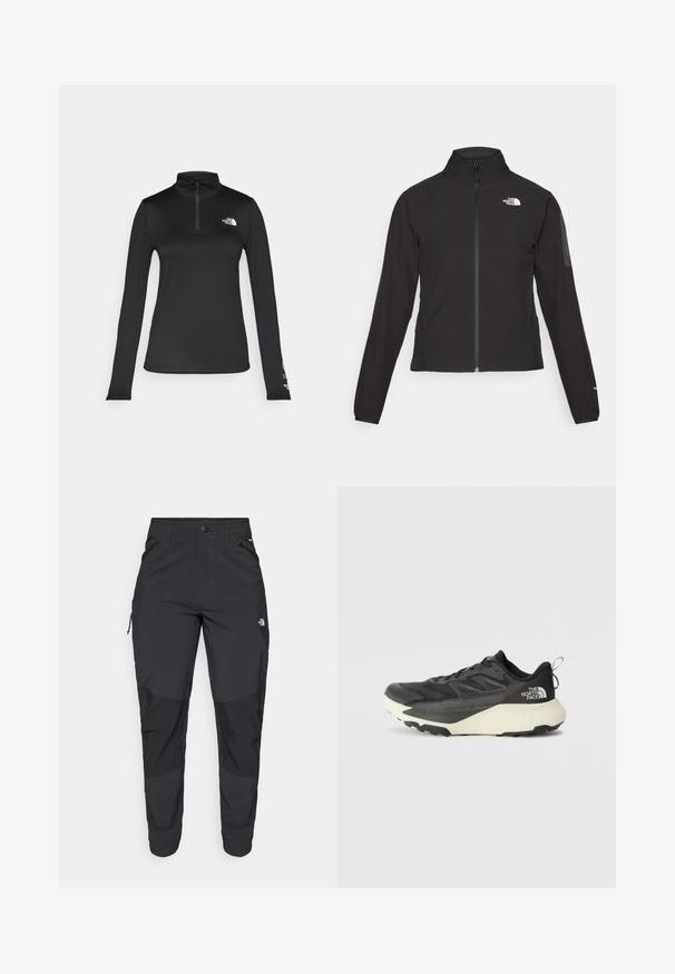 Črna zip-up jakna z visokim ovratnikom, teksturirano blago in logotipom na levem prsnem delu. Ima dolge rokave in prilega se.; The North Face FLEX 1/4 ZIP GRAPHIC - Majica z dolgimi rokavi - black; Črne zunanje hlače iz trpežnega materiala. Imajo žepke na zadrgo, ojačane kolenske dele in ravno krojeno zasnovo za prosto gibanje.; Črne atletske čevlje z teksturiranim zgornjim delom, ki imajo sivo obrobo in belo srednjo podplat. Vključujejo zanko za vprego in izstopajočo blagovno znamko na peti.