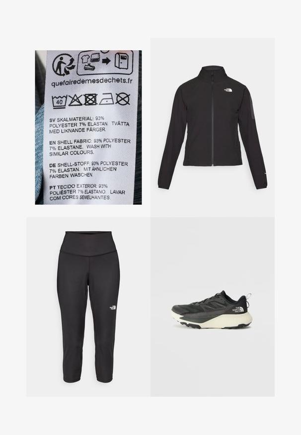 Black zip-up jacket with a high collar, textured fabric, and logo on the left chest. Features long sleeves and a fitted design.; Care label with white background displaying machine wash instructions and fabric composition: 93% polyester, 7% elastane, in multiple languages.; Black capri leggings made from stretchy fabric, featuring a high waistband and a small white logo on the left side. Smooth texture.; Black athletic shoe with a textured upper, featuring gray accents and a white midsole. Includes a pull tab and prominent brand logo on the heel.