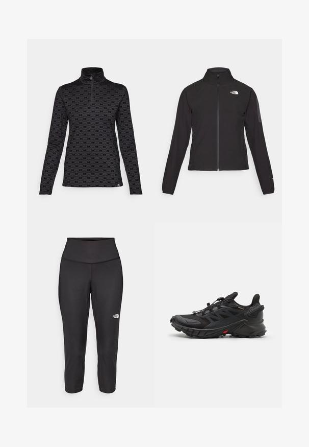 Svart zip-up jacka med hög krage, texturerat tyg och logotyp på vänster bröst. Har långa ärmar och en figursydd design.; Bogner Fire + Ice MARGO2 - Långärmad tröja - black; Svarta capri leggings tillverkade av stretchigt tyg, med hög midja och en liten vit logotyp på vänster sida. Slät yta.; Svarta sportskor med en strukturerad ovandel, utrustade med ett säkert snörningssystem, en dämpad sula och en framträdande röd detalj på sidan.