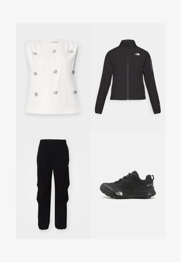 Čierna bunda na zips s vysokým golierom, textúrovanou tkaninou a logom na ľavej hrudi. Má dlhé rukávy a priliehavý strih.; Biela bezrukávová blúzka s okrúhlym výstrihom, s striebornými ozdobami pripomínajúcimi kvety rovnomerne rozmiestnenými na látke. Hladká textúra.; Čierne vonkajšie nohavice vyrobené z odolného materiálu, s voľným strihom, elastickým pásom a sťahovacími manžetami pre nastaviteľnú dĺžku.; Čierna turistická obuv s textúrovaným povrchom, šnurovaním a masívnou gumovou podrážkou, na strane so zreteľným logom a vzormi na protišmykovú trakciu.
