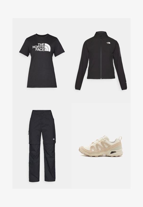 Čierna bunda na zips s vysokým golierom, textúrovanou tkaninou a logom na ľavej hrudi. Má dlhé rukávy a priliehavý strih.; Čierne bavlnené tričko s veľkým bielym logom "THE NORTH FACE" a zakriveným akcentom. Krátke rukávy a okrúhly výstrih, hladká textúra.; Čierne nylonové cargo nohavice s odnímateľnými nohavicami, nastaviteľnými manžetami, viacerými vreckami a logom na pravej nohe. Hladká, ľahká textúra.; Beige a krémová športová obuv s textúrovaným sieťovým zvrškom, podporujúcimi prekrytiami a gumovou podrážkou s dezénom pre trakciu.
