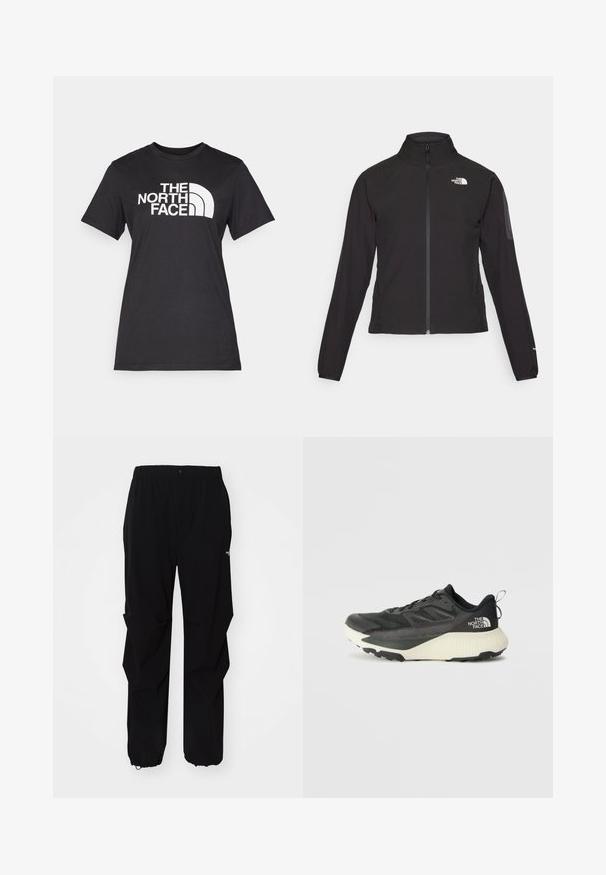 Mustat vetoketjullinen takki, jossa on korkea kaulus, teksturoitu kangas ja logo vasemmassa rinnassa. Ominaisuuksiin kuuluvat pitkät hihat ja slim fit -muotoilu.; Musta puuvillapaita, jossa on suuri valkoinen "THE NORTH FACE" -logo ja kaareva yksityiskohta. Lyhyet hihat ja pyöreä pääntie, sileä rakenne.; Mustat ulkoiluhousut, jotka on valmistettu kestävästä materiaalista. Niissä on rento istuvuus, joustava vyötärö sekä kiristettävät hihnat, jotka mahdollistavat säädettävän pituuden.; Musta urheilukengä, jossa on teksturoitu päällinen, harmaita yksityiskohtia ja valkoinen välipohja. Sisältää vetotagin ja näkyvän tuotemerkin logon kantapäässä.