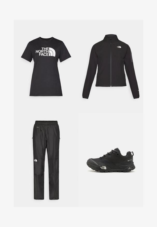 Black zip-up jacket with a high collar, textured fabric, and logo on the left chest. Features long sleeves and a fitted design.; Black cotton t-shirt featuring a large white "THE NORTH FACE" logo and curved accent. Short sleeves and crew neckline, smooth texture.; Black waterproof pants made from lightweight fabric, featuring an elastic waistband, side pockets, and a logo on the left leg.; Black hiking shoe with a textured upper, lace closure, and a chunky rubber sole featuring a prominent logo on the side and tread patterns.