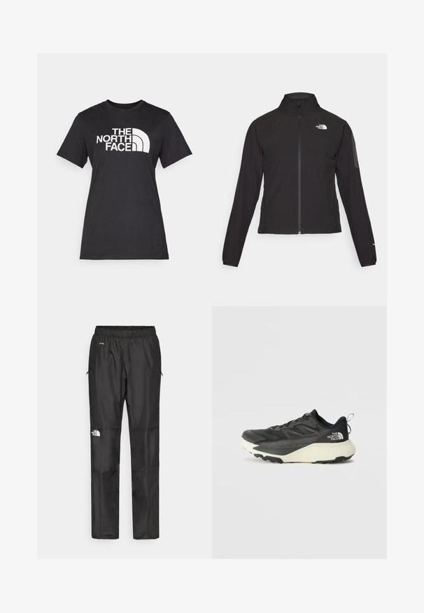 Jachetă neagră cu fermoar și guler înalt, din material texturat, cu logo pe partea stângă a pieptului. Prezintă mâneci lungi și un design ajustat.; Tricou negru din bumbac cu un mare logo alb "THE NORTH FACE" și un accent curbat. Mâneci scurte și decolteu rotund, textură fină.; Pantaloni impermeabili negri, confecționați dintr-un material ușor, cu o talie elastică, buzunare laterale și un logo pe piciorul stâng.; Pantofii sport negri cu un superior texturat, având accente gri și o talpă intermediară albă. Include un sistem de prindere și un logo de marcă proeminent pe călcâi.
