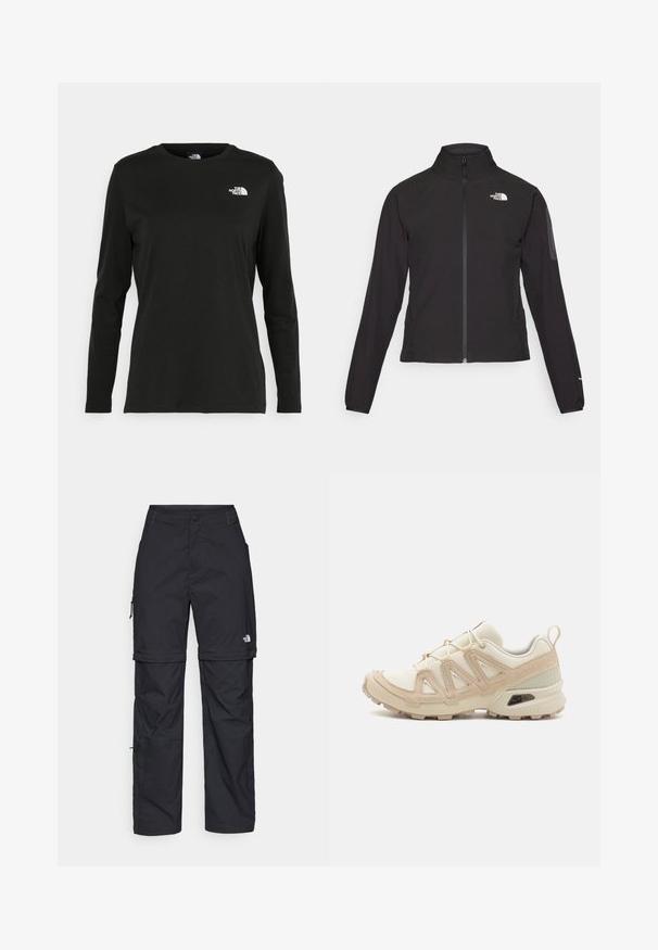 Mustat vetoketjullinen takki, jossa on korkea kaulus, teksturoitu kangas ja logo vasemmassa rinnassa. Ominaisuuksiin kuuluvat pitkät hihat ja slim fit -muotoilu.; Musta pitkähihaisen t-paita, joka on valmistettu puuvillasta ja jossa on pyöreä kaula-aukko. Vasemmassa rinnassa on pieni valkoinen logo. Yksinkertainen muotoilu ja istuvuus.; Mustat nailonista valmistetut irrotettavat cargo-housut säädettävillä lahkeilla, useilla taskuilla ja logolla oikeassa jalassa. Liukas, kevyt rakenne.; Beige ja kreemi värvi sportlikud jalanõud, millel on tekstiilne mesh ülemine osa, toetavad ülekatted ja kummist tald, millel on mustripattern haardeks.