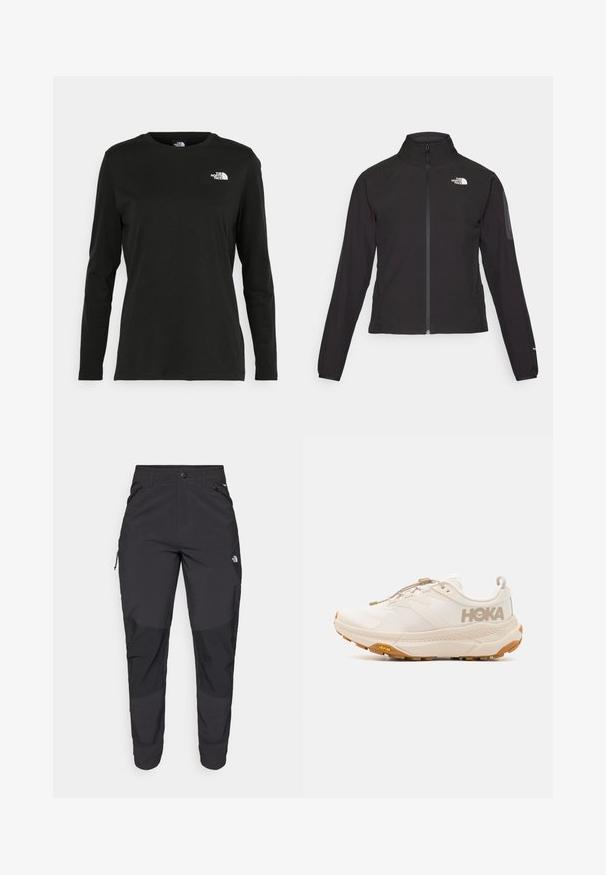 Jachetă neagră cu fermoar și guler înalt, din material texturat, cu logo pe partea stângă a pieptului. Prezintă mâneci lungi și un design ajustat.; Iarna neagră cu mânecă lungă, din bumbac, cu guler rotund. Prezintă un mic logo alb în zona pieptului stâng. Design simplu și croi lejer.; Pantaloni de exterior negri, dintr-un material rezistent. Prezintă buzunare cu fermoar, panouri întărite pentru genunchi și un design drept pentru mobilitate.; HOKA TRANSPORT - Pantofi drumeție - eggnog