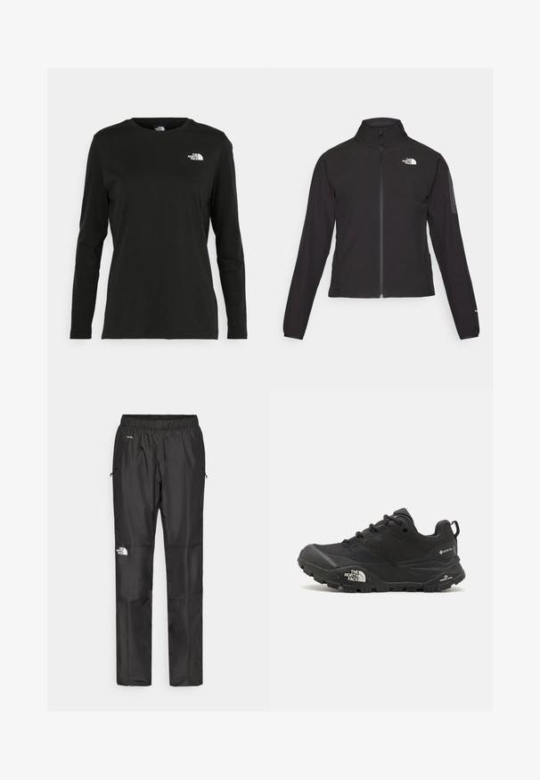 Schwarze Zip-Jacke mit hohem Kragen, strukturiertem Stoff und Logo auf der linken Brust. Verfügt über lange Ärmel und eine taillierte Passform.; Schwarzes Langarm-T-Shirt aus Baumwolle mit Rundhalsausschnitt. Verfügt über ein kleines weißes Logo auf der linken Brustseite. Einfaches Design und Passform.; Schwarze wasserdichte Hose aus leichtem Material, mit elastischem Bund, Seitentaschen und einem Logo am linken Bein.; Schwarzer Wanderschuh mit einer strukturierten Oberfläche, Schnürverschluss und einer massiven Gummisohle, die auf der Seite ein ausgeprägtes Logo sowie Profilmuster zeigt.