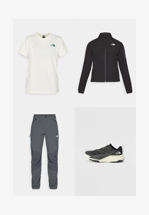 Čierna bunda na zips s vysokým golierom, textúrovanou tkaninou a logom na ľavej hrudi. Má dlhé rukávy a priliehavý strih.; The North Face BOX RELAXED TEE - Tričko s potlačou - white dune/evergreen; Tmavošedé vonkajšie nohavice s vystuženými kolenami, so zipsom na bočných a predných vreckách, zapínaním na gombík a logom The North Face na stehne.; Čierna atletická obuv s textúrovaným vrchom, s šedými akcentmi a bielou medzipodrážkou. Obsahuje pútko a výrazné logo značky na päte.