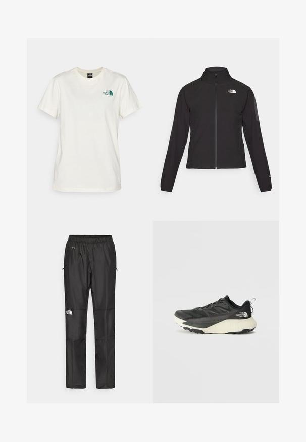 Black zip-up jacket with a high collar, textured fabric, and logo on the left chest. Features long sleeves and a fitted design.; The North Face BOX RELAXED TEE - Print T-shirt - white dune/evergreen; Black waterproof pants made from lightweight fabric, featuring an elastic waistband, side pockets, and a logo on the left leg.; Black athletic shoe with a textured upper, featuring gray accents and a white midsole. Includes a pull tab and prominent brand logo on the heel.