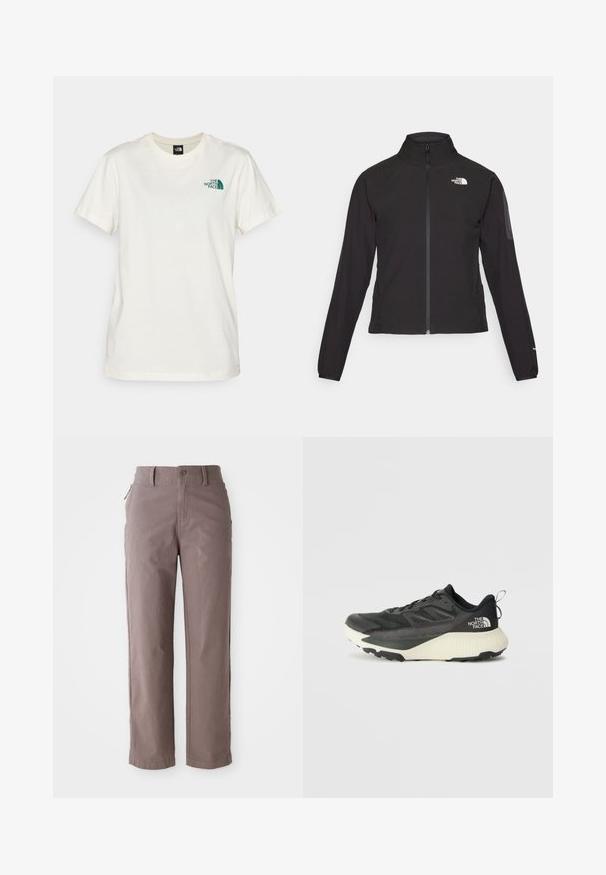 Czarna kurtka zapinana na zamek z wysokim kołnierzem, teksturowana tkanina i logo na lewej piersi. Posiada długie rękawy i dopasowany krój.; The North Face RELAXED beżowy; Brązowe spodnie z bawełnianego twillu o prostym kroju, z zapięciem na guzik z przodu oraz bocznymi kieszeniami, gładka tekstura i czyste linie.; Czarne sportowe buty z teksturowaną cholewką, z szarymi akcentami i białą podeszwą środkową. Zawierają pętelkę do zakładania oraz wyraźne logo marki na pięcie.