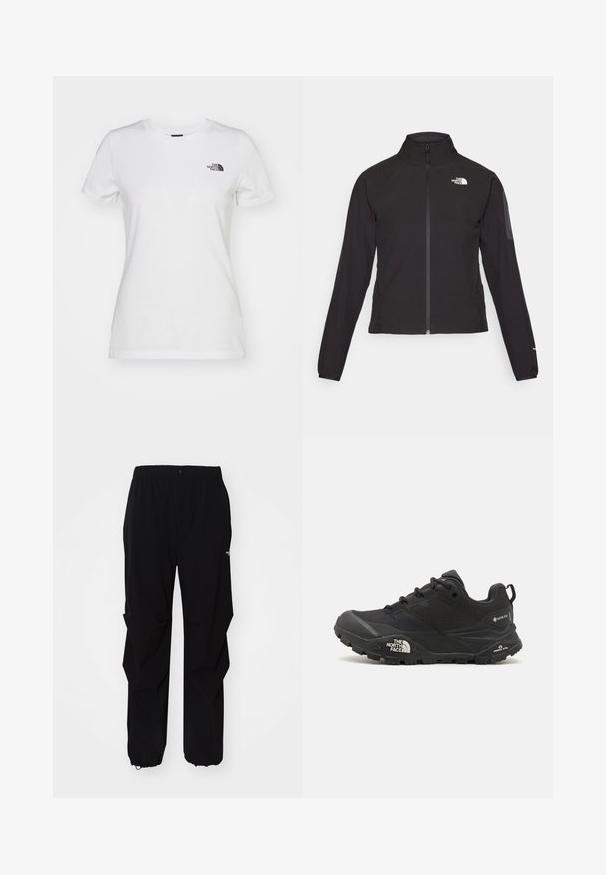 Čierna bunda na zips s vysokým golierom, textúrovanou tkaninou a logom na ľavej hrudi. Má dlhé rukávy a priliehavý strih.; Biely bavlnený tričko s okrúhlym výstrihom, krátkymi rukávmi a malým čiernym logom na ľavej hrudi. Hladká textúra a priliehavý strih.; Čierne vonkajšie nohavice vyrobené z odolného materiálu, s voľným strihom, elastickým pásom a sťahovacími manžetami pre nastaviteľnú dĺžku.; Čierna turistická obuv s textúrovaným povrchom, šnurovaním a masívnou gumovou podrážkou, na strane so zreteľným logom a vzormi na protišmykovú trakciu.