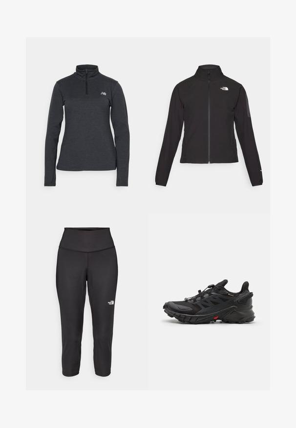 Casaco preto com fecho zip e gola alta, em tecido texturizado, com logo no lado esquerdo do peito. Apresenta mangas longas e um design ajustado.; Top de mangas longas com fecho de zíper até à metade em cinza-escuro. Tecido macio e texturizado com um pequeno logótipo refletor no lado esquerdo do peito. Design minimalista.; Leggings capri pretos feitos de um tecido elástico, com uma cintura alta e um pequeno logótipo branco no lado esquerdo. Textura suave.; Sapatos desportivos pretos com um upper texturizado, apresentando um sistema de atacadores seguro, uma sola acolchoada e um acento vermelho proeminente na lateral.