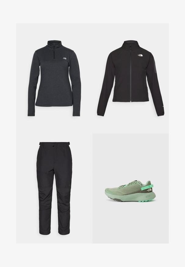 Μαύρο σακάκι με φερμουάρ και ψηλό γιακά, υφασμάτινη επιφάνεια και λογότυπο στο αριστερό στήθος. Διαθέτει μακριά μανίκια και εφαρμοστή σχεδίαση.; Πολυεστερική μπλούζα με μακριά μανίκια και φερμουάρ μέχρι τον λαιμό σε σκούρο γκρι χρώμα. Μαλακό, υφασμάτινο υλικό με μικρό, ανακλαστικό λογότυπο στο αριστερό στήθος. Μίνιμαλ σχεδίαση.; Μαύρο παντελόνι εξωτερικού χώρου κατασκευασμένο από ελαφρύ υλικό, με λεία υφή, ελαστική μέση, τσέπη με φερμουάρ και πάνελ λεπτομέρειας στα κάτω άκρα.; Πράσινα αθλητικά παπούτσια με επάνω μέρος από διχτυωτό υλικό, υφασμάτινες επικαλύψεις και παχιά καουτσούκ σόλα. Διαθέτουν θηλιά και λεπτομέρεια λογότυπου στη φτέρνα.