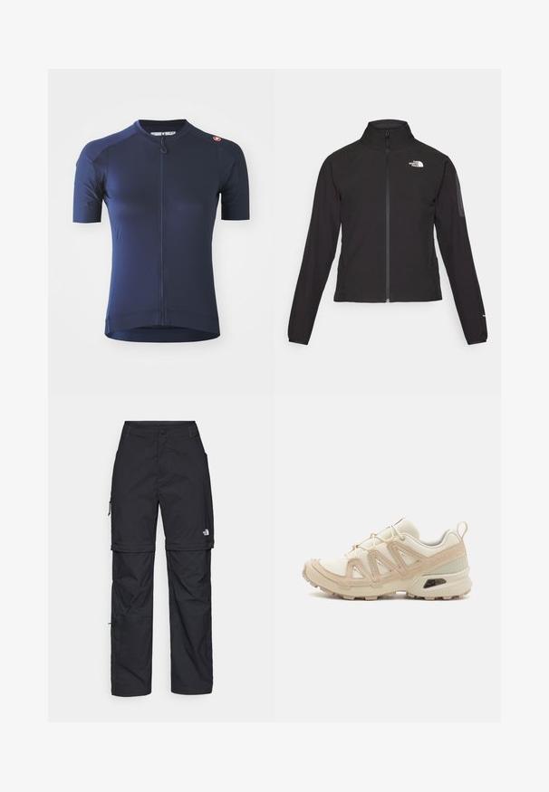 Fekete, cipzáros dzseki magas gallérral, texturált anyagból, bal mellen logóval. Hosszú ujjak és testhezálló fazon jellemzi.; Sötétkék, rövid ujjú kerékpáros mez elől cipzárral, texturált anyagból, vállán logós alkalmazással. Feszes fazonnal rendelkezik.; Fekete nylon zipzáras cargo nadrág állítható mandzsettával, több zsebbel és logóval a jobb lábon. Simább, könnyű textúra.; Beige és krém színű sportcipő, texturált hálós felsőrésszel, támogató burkolattal és gumitalppal, amely tapadás érdekében bordázott mintázattal rendelkezik.