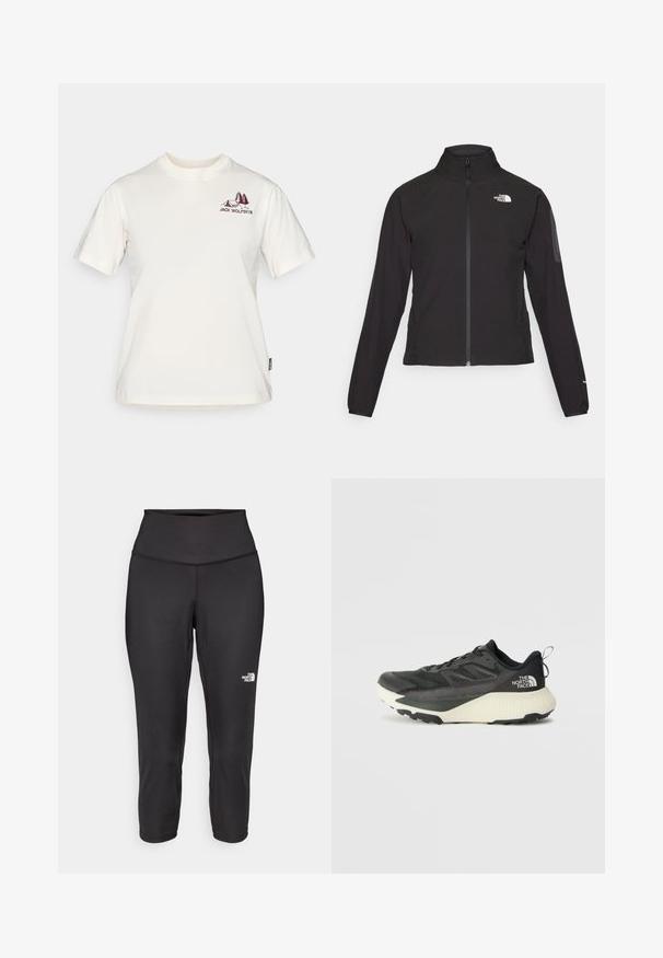 Chaqueta negra con cremallera y cuello alto, de tela texturizada, y logo en el lado izquierdo del pecho. Con mangas largas y un diseño ajustado.; Jack Wolfskin CADENA - Camiseta estampada - white; Leggings capri negros hechos de una tela elástica, con una cintura alta y un pequeño logo blanco en el lado izquierdo. Textura suave.; Zapatilla deportiva negra con parte superior texturizada, que presenta acentos grises y una entresuela blanca. Incluye una lengüeta y un logotipo de la marca destacado en el talón.