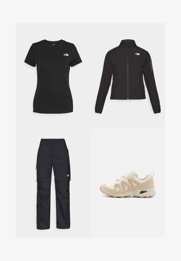 Czarna kurtka zapinana na zamek z wysokim kołnierzem, teksturowana tkanina i logo na lewej piersi. Posiada długie rękawy i dopasowany krój.; Czarna bawełniana koszulka z okrągłym dekoltem i krótkimi rękawami. Wyróżniające się białe logo na górnej lewej stronie. Gładka tekstura, luźny krój.; Czarne nylonowe spodnie cargo z odpinanymi nogawkami, regulowanymi mankietami, wieloma kieszeniami oraz logo na prawej nogawce. Gładka, lekka tekstura.; Beżowe i kremowe buty sportowe z teksturowanej siateczki, wspierającymi nakładkami oraz gumową podeszwą z wzorem bieżnika zapewniającym przyczepność.