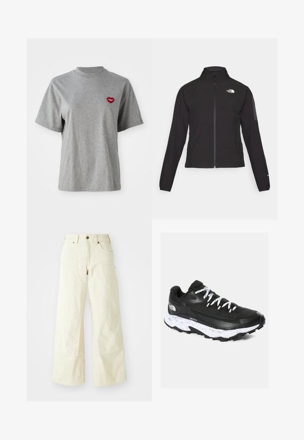 Black zip-up jacket with a high collar, textured fabric, and logo on the left chest. Features long sleeves and a fitted design.; Grey short-sleeve crew neck T-shirt with a small red heart-shaped patch on the left chest reading "Carhartt WIP."; Beige wide-leg pants made of cotton, featuring a high waist, large front pockets, and a smooth texture with minimal stitching detail.; Black athletic shoe with mesh upper and textured design. Features white speckled midsole, thick black outsole, and reflective laces.
