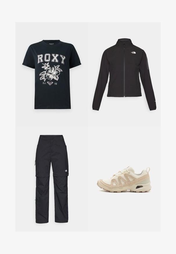 Fekete, cipzáros dzseki magas gallérral, texturált anyagból, bal mellen logóval. Hosszú ujjak és testhezálló fazon jellemzi.; Fekete pamut póló, amelyen a "ROXY" felirat fehér színben, virágmintával és szív szimbólummal található. Rövid ujjú és laza szabású.; Fekete nylon zipzáras cargo nadrág állítható mandzsettával, több zsebbel és logóval a jobb lábon. Simább, könnyű textúra.; Beige és krém színű sportcipő, texturált hálós felsőrésszel, támogató burkolattal és gumitalppal, amely tapadás érdekében bordázott mintázattal rendelkezik.