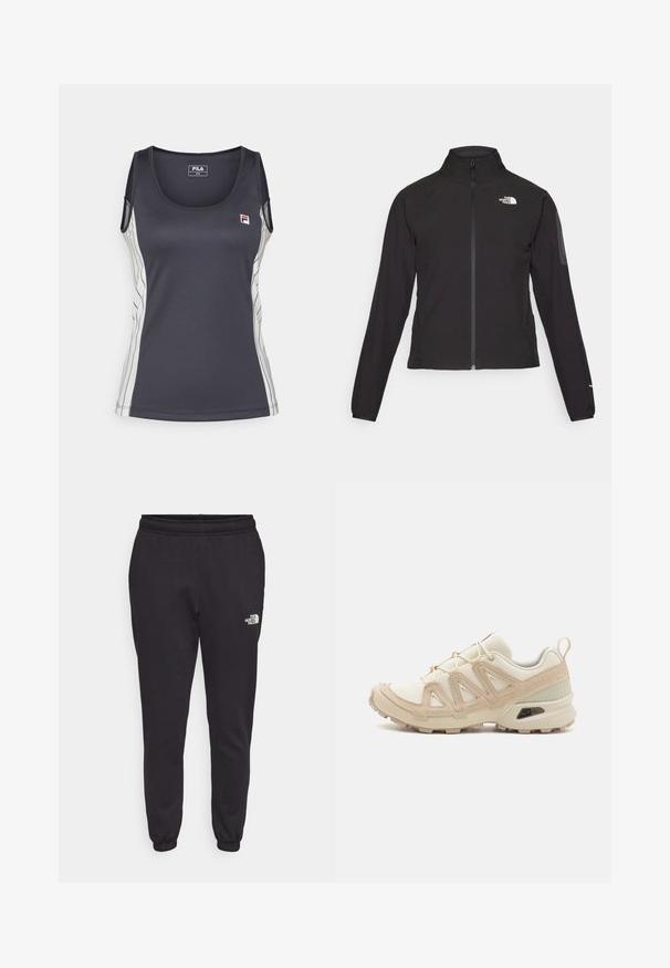 Juodas zip-up švarkas su aukšta apykakle, tekstūruotu audiniu ir logotipu kairėje krūtinės pusėje. Pasižymi ilgu rankovėmis ir prigludusia forma.; Juodas be rankovių tankas, pagamintas iš lygaus audinio, su baltais vertikaliais dryžiais šonuose ir mažu išsiuvinėtu logotipu ant krūtinės.; Juodos jogger kelnės, pagamintos iš minkštos medvilnės mišinio. Yra elastingas juosmuo, siaurėjantis kojų dizainas ir mažas baltas logotipas apatinėje dešinėje pusėje.; Bežinės ir kreminės spalvos sportinės bateliai su tekstūruoto tinklelio viršutine dalimi, palaikančiomis detalėmis ir guminiais padais, turinčiais raštą, užtikrinantį sukibimą.