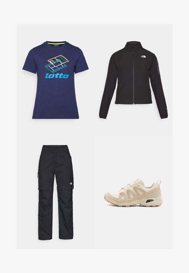 Čierna bunda na zips s vysokým golierom, textúrovanou tkaninou a logom na ľavej hrudi. Má dlhé rukávy a priliehavý strih.; Námornícky modré bavlnené tričko s krátkymi rukávmi, na prednej strane s tlačeným multicolor logom Lotto a geometrickým vzorom.; Čierne nylonové cargo nohavice s odnímateľnými nohavicami, nastaviteľnými manžetami, viacerými vreckami a logom na pravej nohe. Hladká, ľahká textúra.; Beige a krémová športová obuv s textúrovaným sieťovým zvrškom, podporujúcimi prekrytiami a gumovou podrážkou s dezénom pre trakciu.