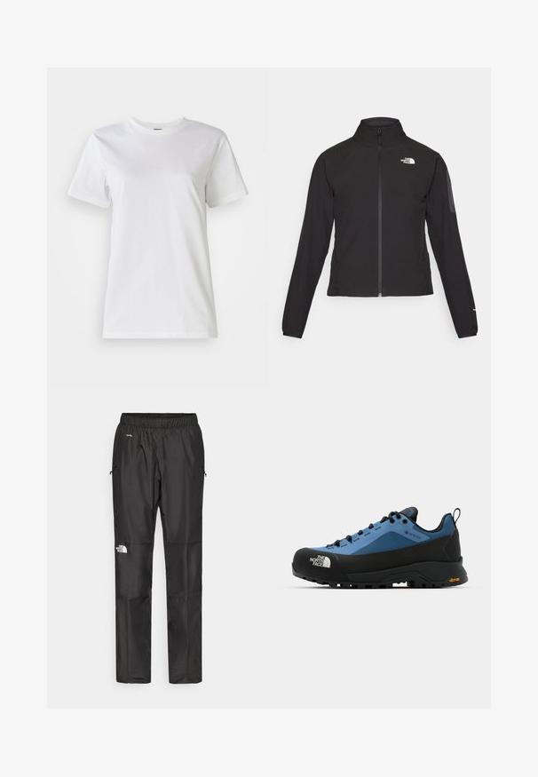 Black zip-up jacket with a high collar, textured fabric, and logo on the left chest. Features long sleeves and a fitted design.; White cotton t-shirt with a crew neckline and short sleeves. The fabric is smooth with a soft texture and no visible patterns or accents.; Black waterproof pants made from lightweight fabric, featuring an elastic waistband, side pockets, and a logo on the left leg.; Blue and black hiking shoes featuring a waterproof design, textured fabric, and rubber Vibram outsole for enhanced grip and durability.
